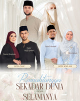 Promotional flyer for an Islamic wedding banquet in Malay, featuring photos of a bride and groom, their parents, and four guests labeled with their names. The text reads 'Rumaitannga Sekadar Dunia itu Selamanya' and details the event date, time, and ticket options: General, Standard, and Platinum.